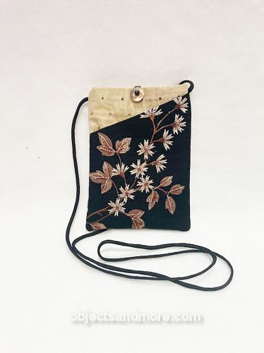 Kimono Phone Bag Embroidered Brown Flowers by THERESA GALLOP